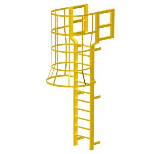 Handrail-equipped transitional FRP cage ladder